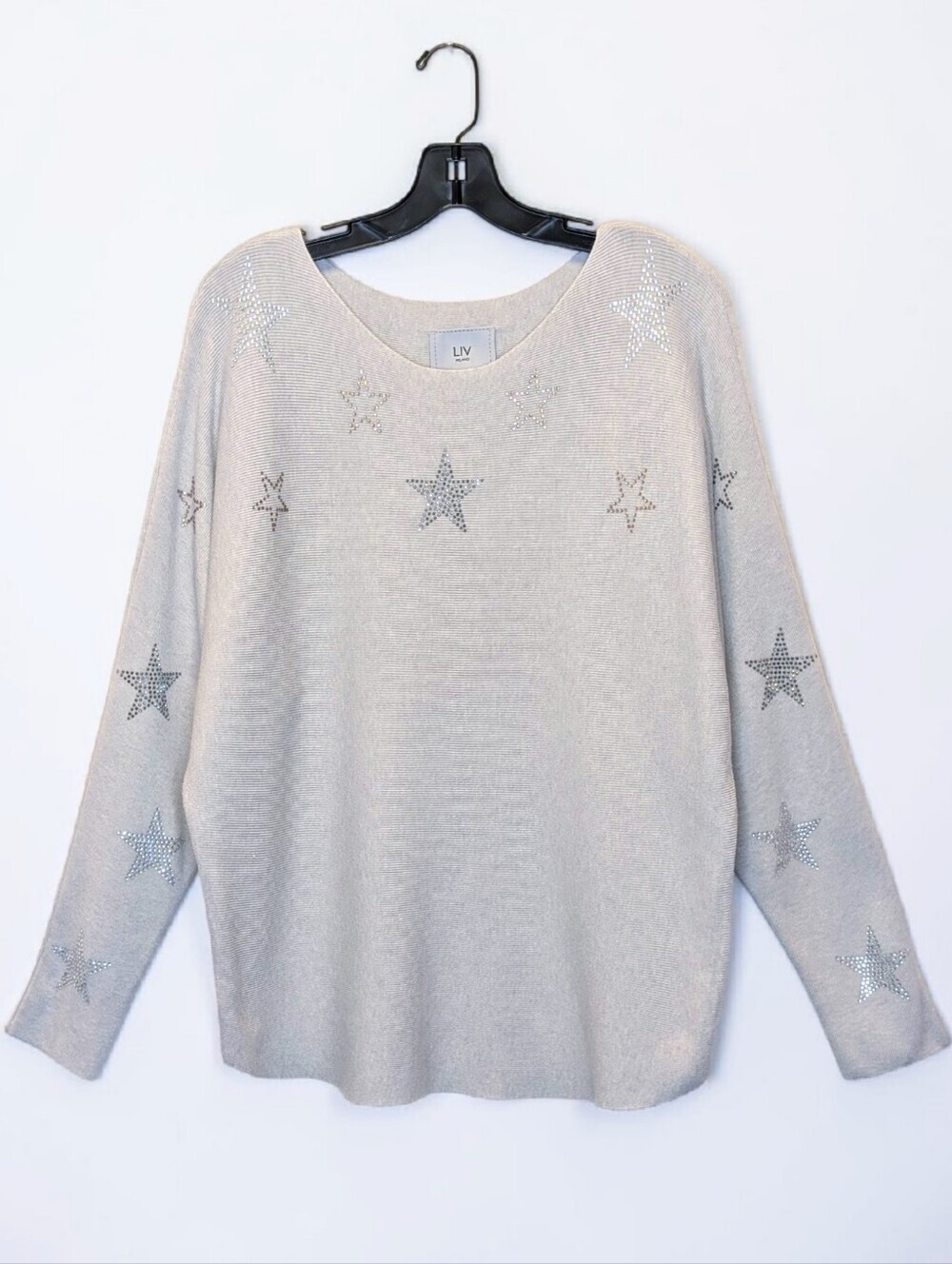 Liv Milano Gray Ribbed Knit Sweater Rhinestone Studded Stars Dolman Sleeve L